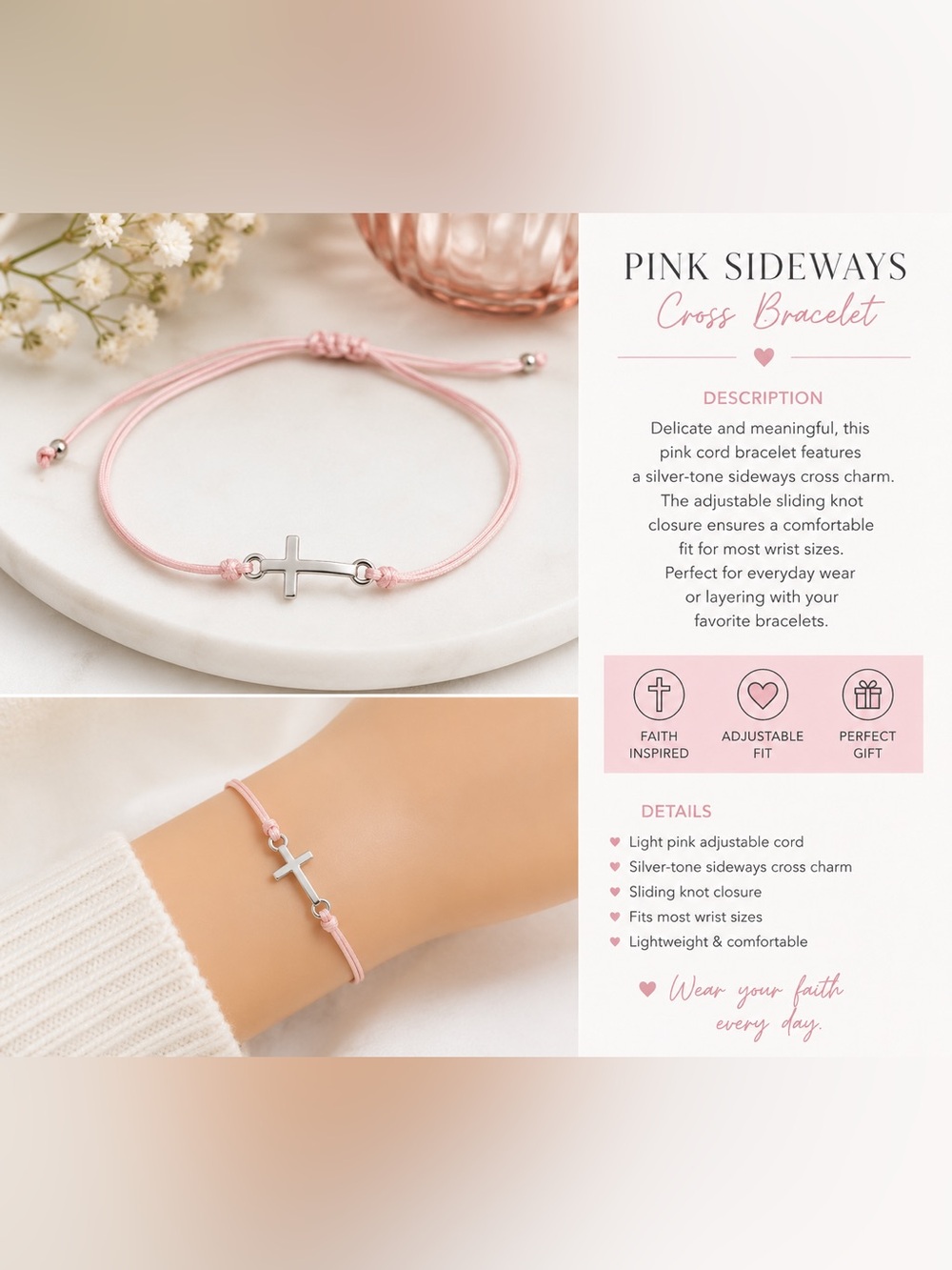 Delicate Pink Cord Cross Bracelet with Silver-Tone Cross